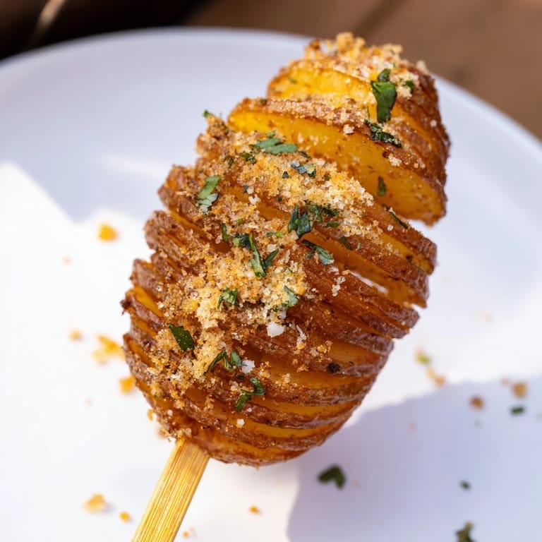 Close-up of freshly baked Tornado Potatoes; spirals are golden-brown and seasoned, ideal side dish.