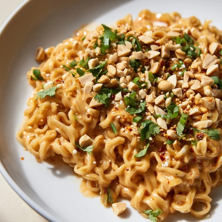 A vibrant bowl of Instant Peanut Thai Sauce Noodles, garnished with peanuts and herbs, ready to be devoured.