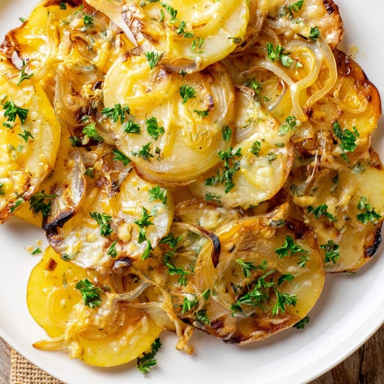 A close-up of cheesy French Onion Soup Potatoes showing caramelized onions nestled among roasted potato rounds.