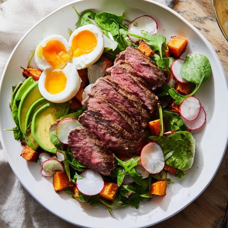 A close-up of a High-Protein Beef Avocado Bowl, highlighting the colorful, nutritious ingredients and fresh herbs.