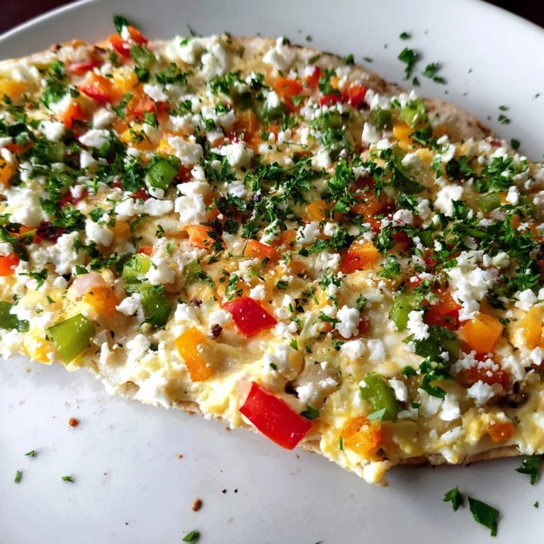 Crusty pizza base brimming with savory Turkish menemen, a colorful, delicious brunch or dinner choice.