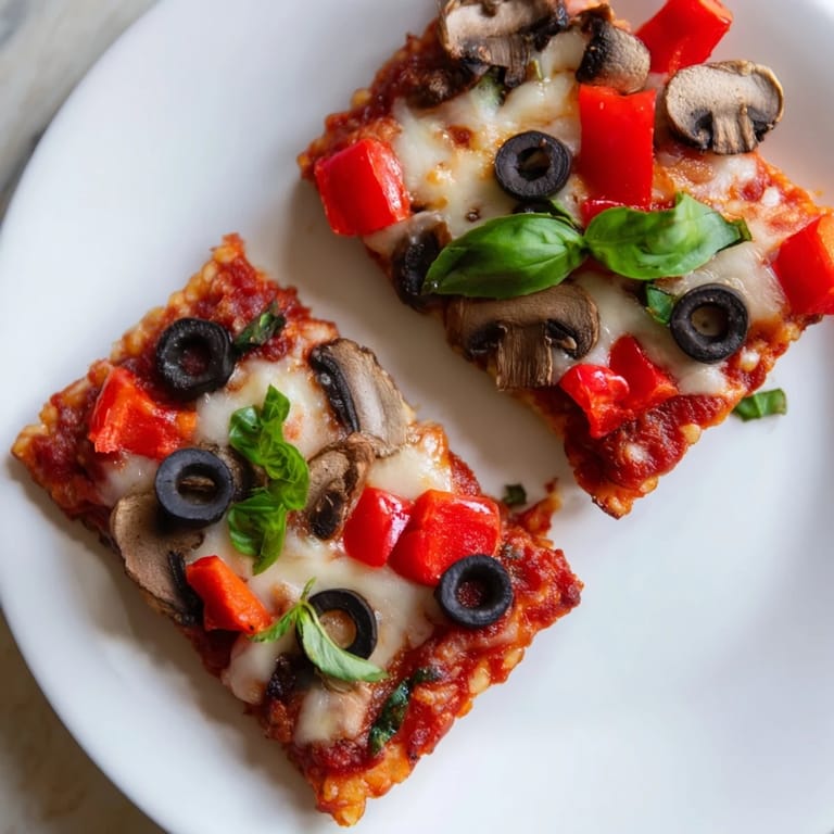 Close-up of crispy Rice Cake Pizza Squares, showcasing a variety of colorful veggie toppings.