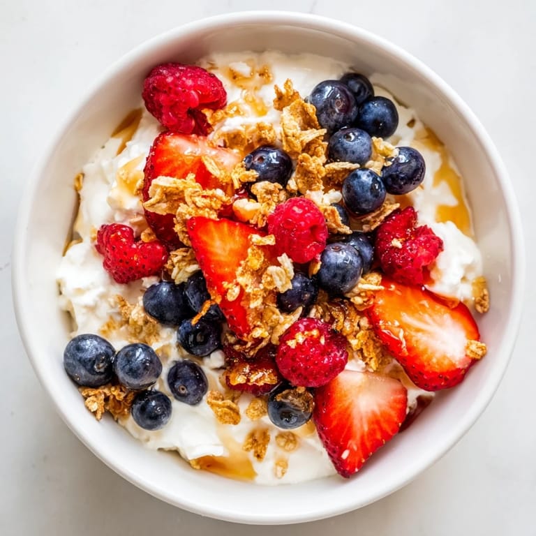 The creamy Cottage Cheese Hot Honey Bowl is topped with mixed berries & crunchy granola for a treat.