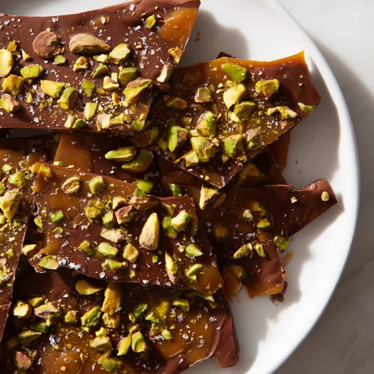 Homemade Pistachio Salted Caramel Bark presented with a sprinkle of flaky sea salt, perfect for sharing and gifting.