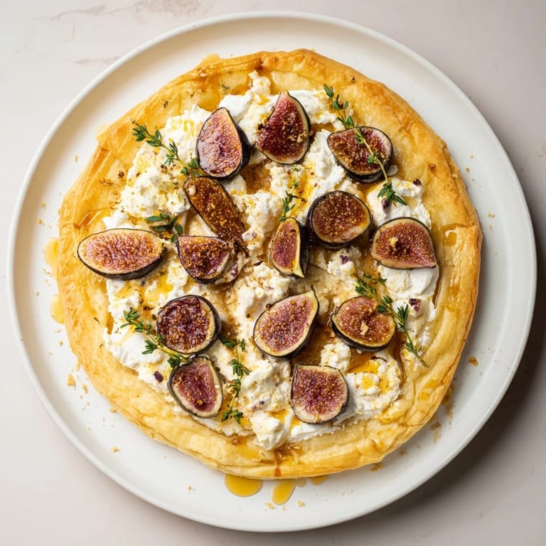Crispy-edged Puff Pastry Truffle Pizza displaying sliced figs and creamy goat cheese, baked to golden perfection.