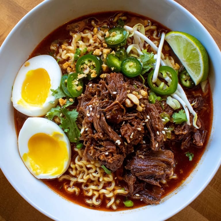 The fusion birria ramen features a flavorful broth with noodles and colorful toppings—a satisfying meal.