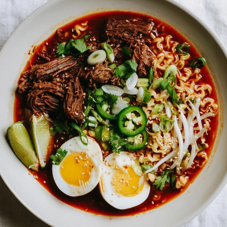 Delicious and rich birria ramen, showcasing the perfectly shredded beef ready to serve.