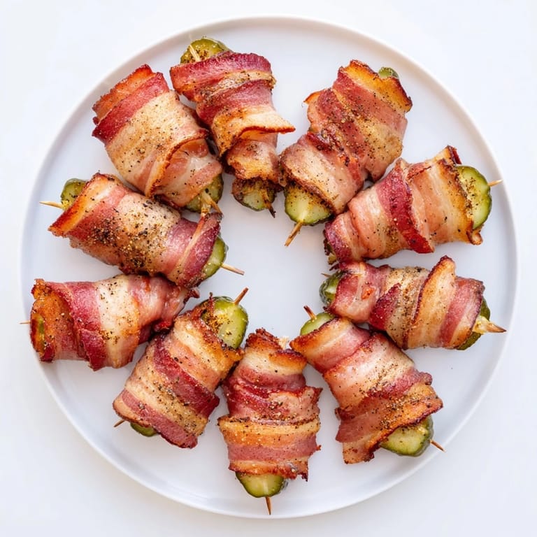 Savory bacon-wrapped pickles garnished with fresh dill and a sprinkle of paprika on a white plate.