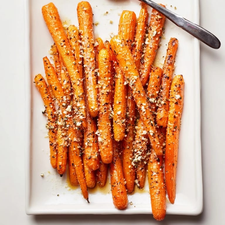Tender baby carrots coated in Parmesan and honey, roasted until golden for a sweet-savory crisp treat.