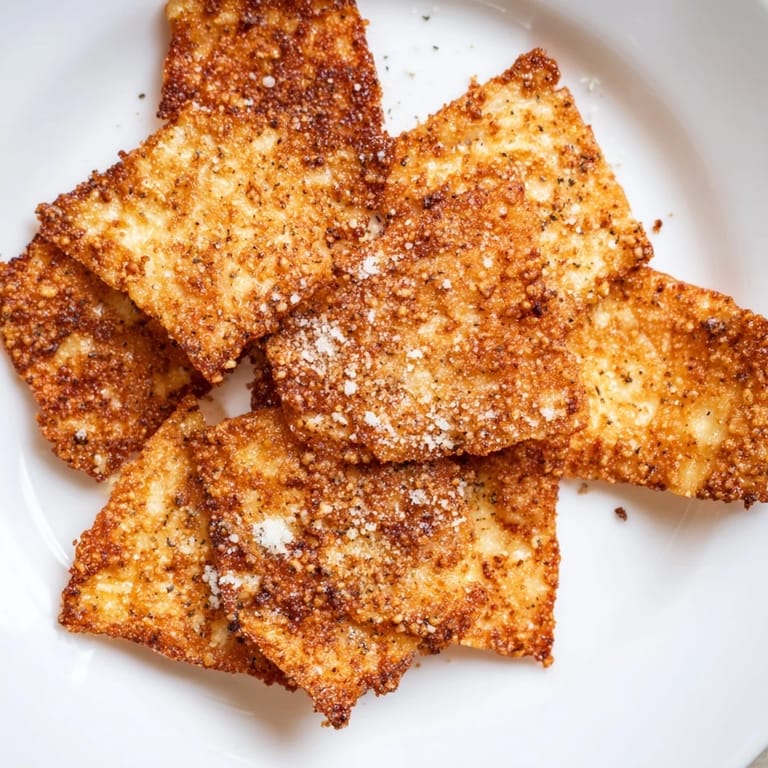 A close-up of thin, baked Cottage Cheese Chips with a crunchy edge, served on a rustic wooden board with dipping sauce.