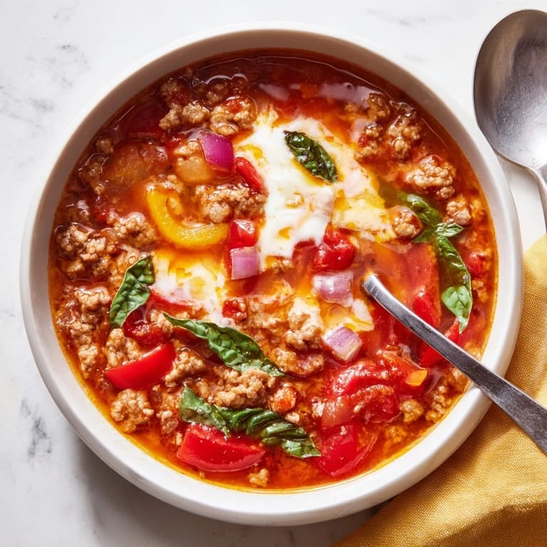 Rich, gooey mozzarella melts into hearty Pizza Soup, topped with fresh herbs for an extra burst of flavor.