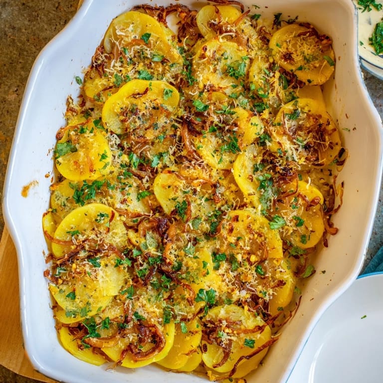 Serving suggestion for French Onion Soup Potatoes, a warm and cheesy potato bake with onions and fresh parsley garnish, perfect alongside a main course.