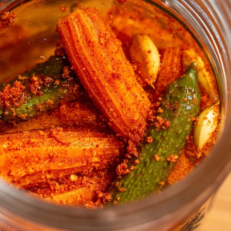 Vibrant Taco Pickles served in a jar with chili flakes, perfect for burgers or parties.