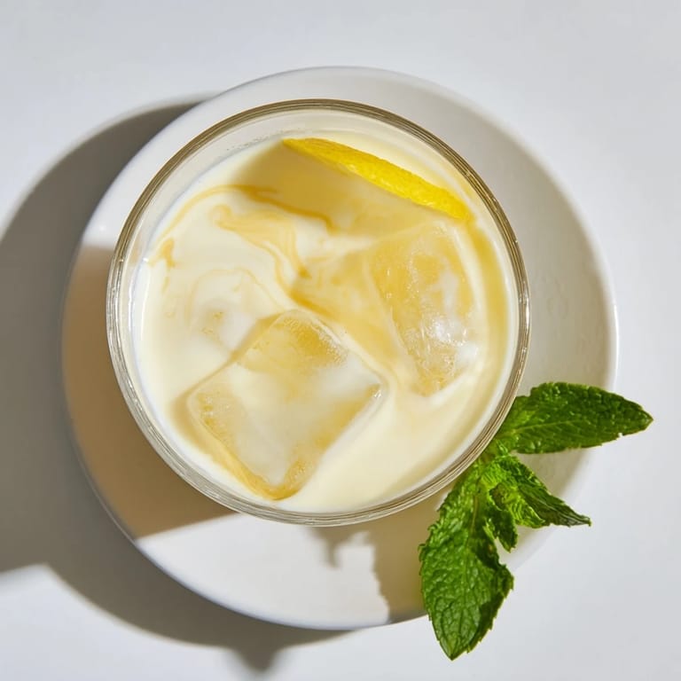 Creamy Lemonade Drink being poured over ice into a tall glass, creating a refreshing froth.