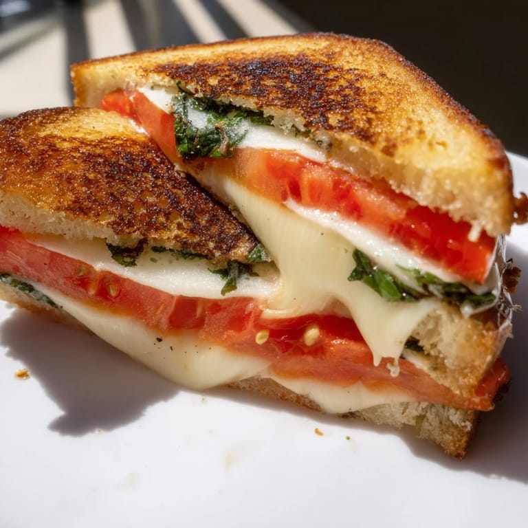 A close-up of a crispy Tomato Basil Grilled Cheese sandwich, with melted mozzarella and ripe tomato on rustic bread.  