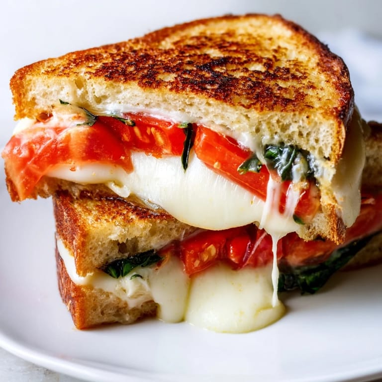Hearty Tomato Basil Grilled Cheese, featuring golden toast, fresh basil, and juicy tomato slices on a cutting board.