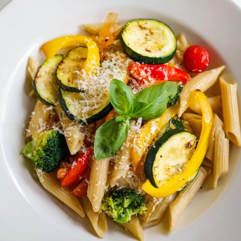Delicious pasta primavera served in a white bowl, with tender broccoli and yellow squash, garnished with fresh parsley and a lemon wedge.