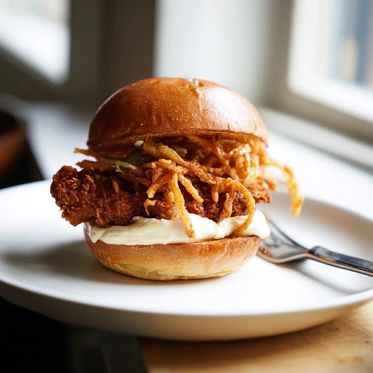 Golden brown fried chicken thighs with crunchy onions and lettuce on a soft brioche bun, drizzled with garlic aioli.