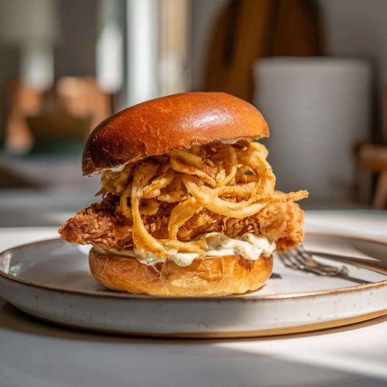 Homemade Crispy Onion Chicken Sandwich with a crispy crust, tangy aioli, and a generous layer of fried onions.