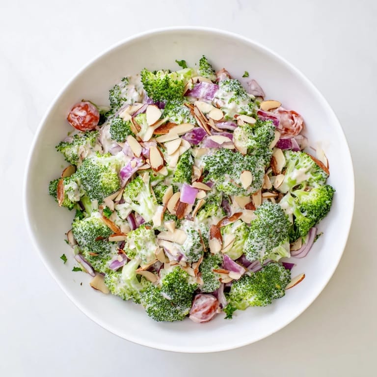 Garlic Parmesan Broccoli Salad with bright green florets, red onion, cherry tomatoes, and a sprinkle of Parmesan.