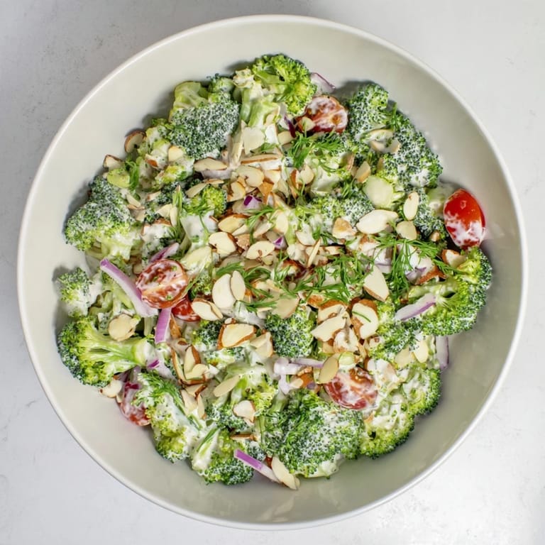 Ready-to-serve Garlic Parmesan Broccoli Salad garnished with parsley, paired with grilled chicken for an easy side dish.