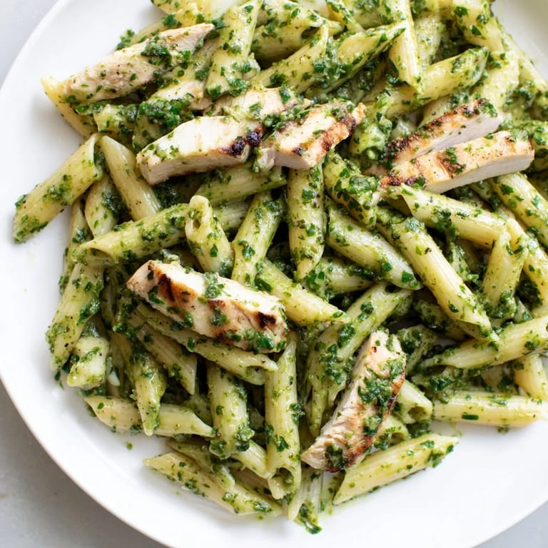 Served in a rustic white bowl, this Chimichurri Chicken Pasta recipe is garnished with fresh parsley and a lemon wedge.