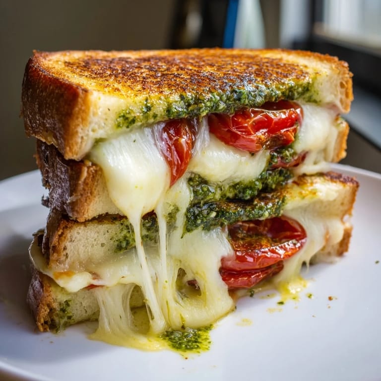 A close-up of the gourmet sandwich cut in half, revealing caramelized roasted tomatoes and basil pesto.