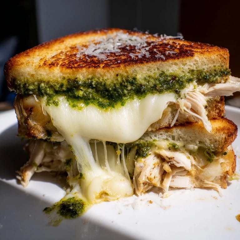 This easy American-Italian fusion sandwich features juicy chicken, gooey mozzarella, and pesto pressed between crispy, golden-buttered bread slices.