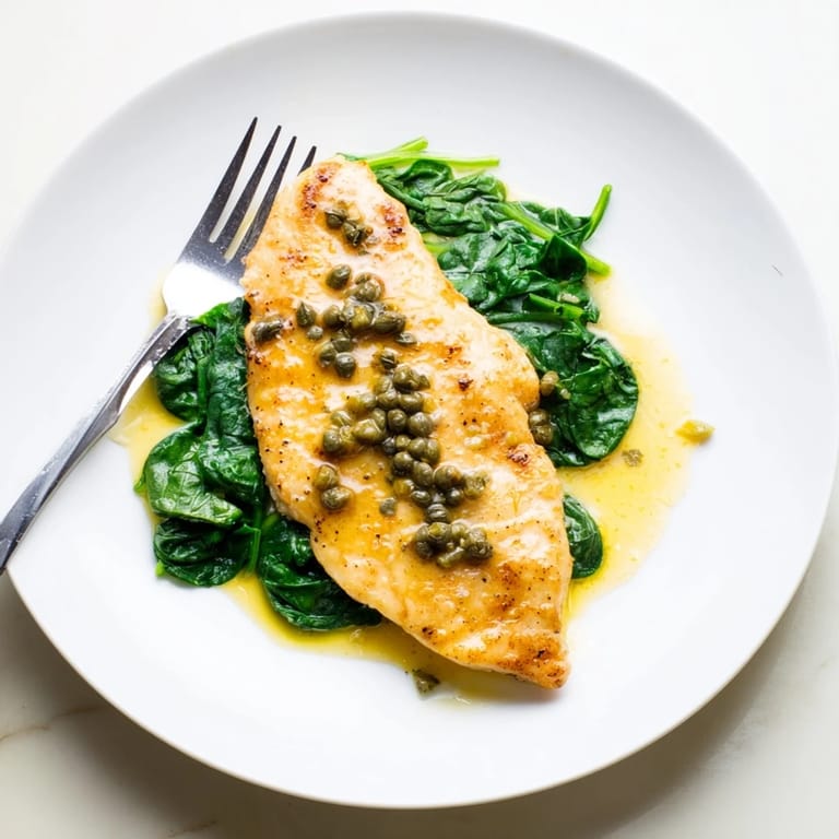 Tender chicken breasts finished in a bright lemon butter glaze, paired with garlicky spinach for an elegant dinner.
