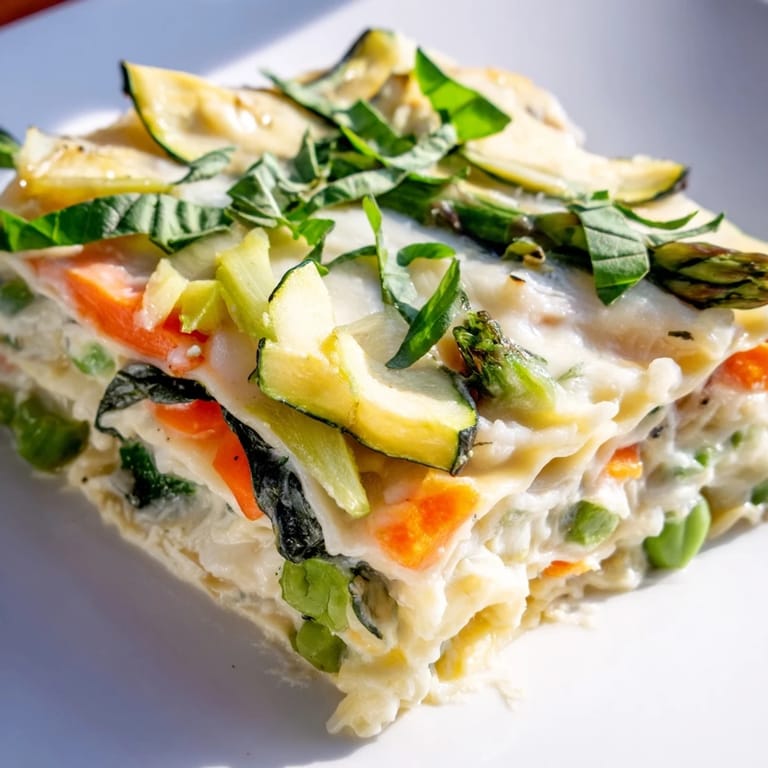 A close-up view of a freshly baked Spring Veggie Alfredo Lasagna slice, showcasing layers of tender asparagus, snap peas, and spinach.