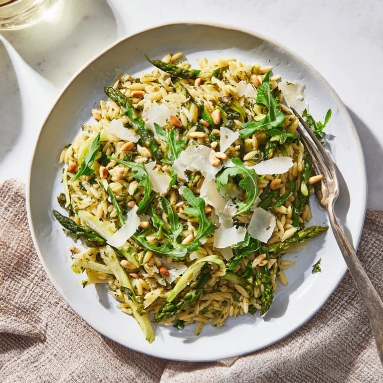 In a white bowl, this fresh Mediterranean Asparagus Lemon Orzo Salad features al dente pasta, crisp greens, and lemon zest, topped with shaved Parmesan and pine nuts for texture.