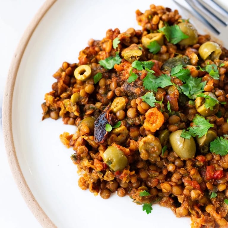 Bright skillet of Cuban-inspired lentil picadillo, simmered with cumin and smoked paprika, garnished with fresh cilantro and ready to serve with white rice.