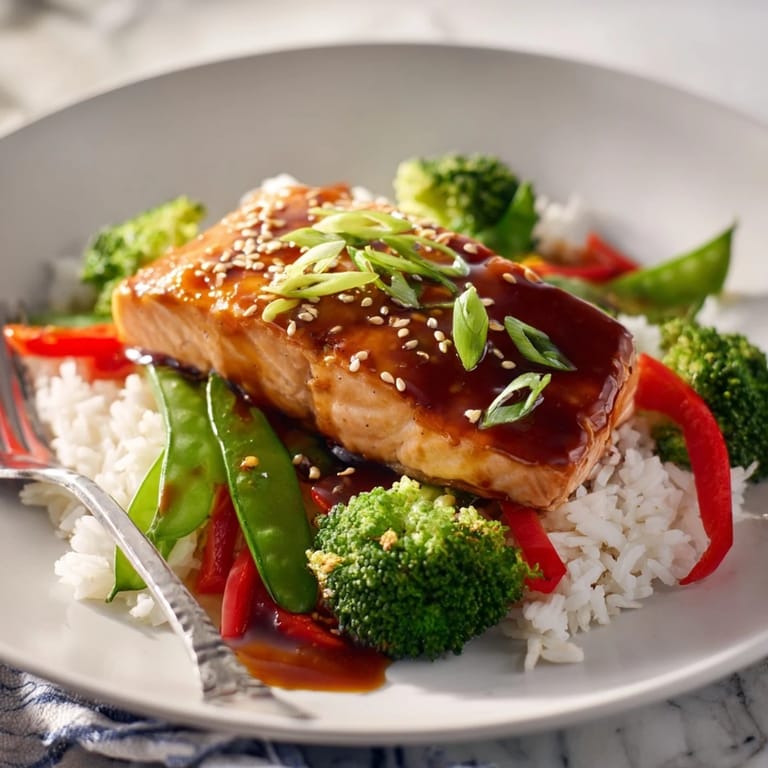 Vibrant serving bowl featuring Maple Soy Glazed Salmon, jasmine rice, and colorful vegetables, with lime wedges on the side for a fresh finish.