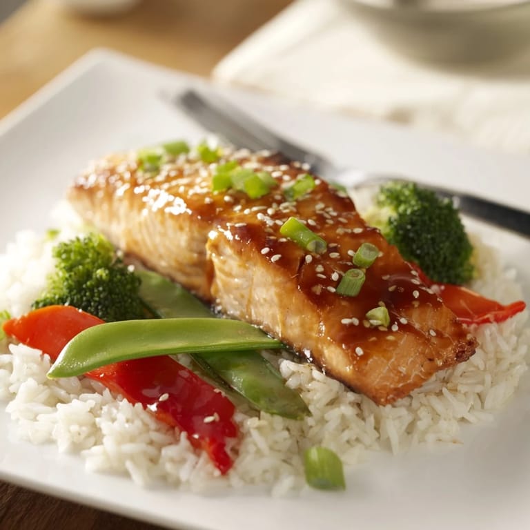 Close-up of Maple Soy Glazed Salmon showcasing a glossy, caramelized glaze over the fish, garnished with green onions and sesame seeds.  