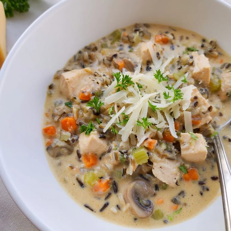 Cozy ladle of Parmesan Mushroom Chicken and Wild Rice Soup served with crusty bread, ready to enjoy.