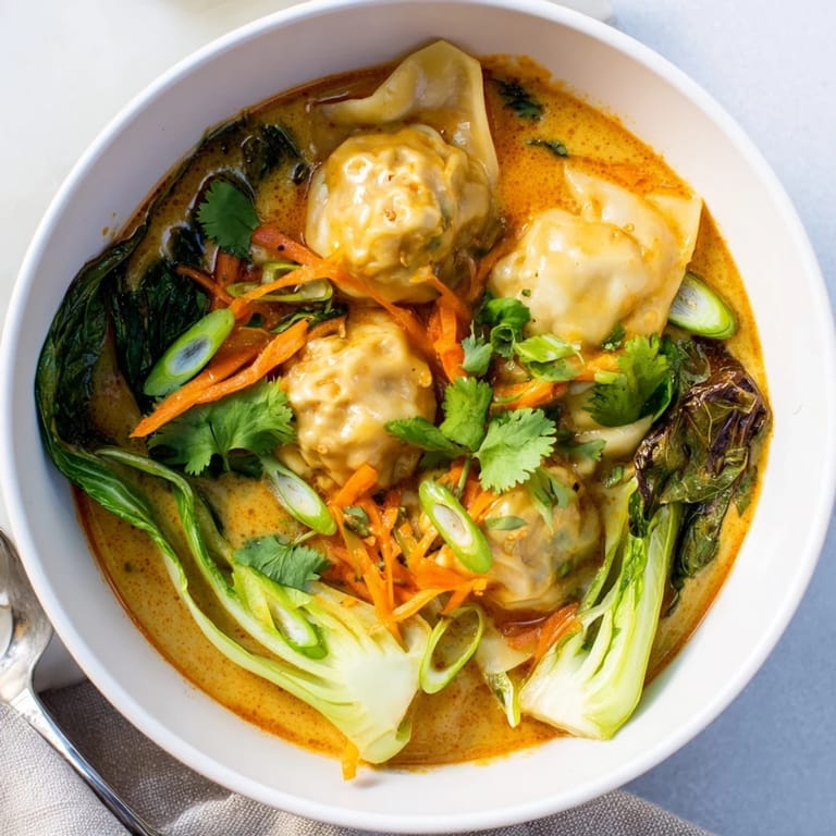 Easy Red Curry Wonton Soup with Greens, a 25-minute Thai-inspired meal served hot with lime wedges on the side.