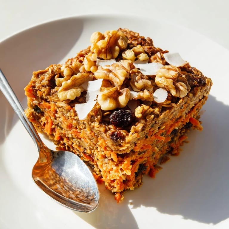 Healthy carrot cake baked oatmeal cooling on a wire rack, ready to be sliced for meal prep, with a side of Greek yogurt and fresh berries.