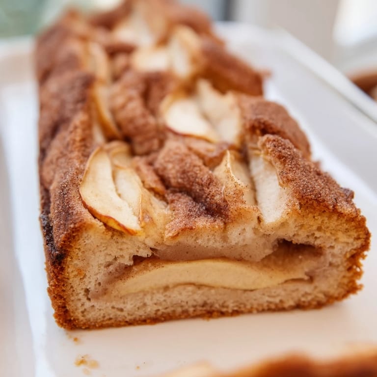 Freshly baked Baked Apple Cake topped with cinnamon sugar, revealing tender apple slices inside a moist, comforting breakfast cake.