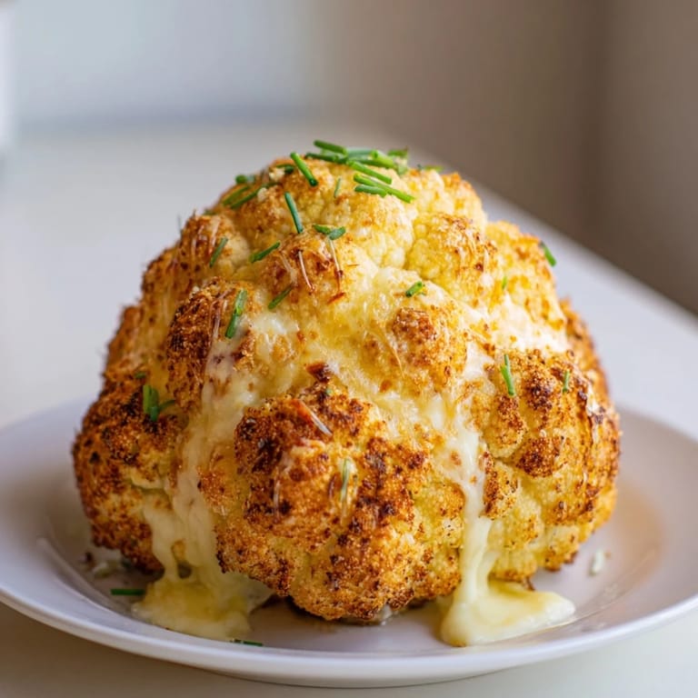 Close-up of Cheesy Stuffed Cauliflower Head, golden breadcrumb topping and melted cheddar, with roasted edges on a parchment-lined tray.