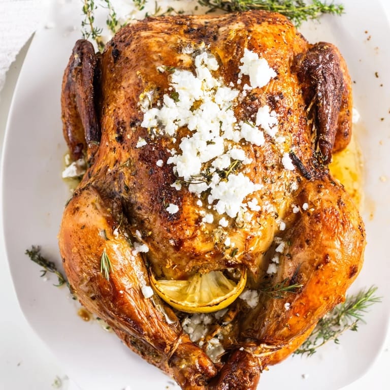 A close-up of roasted chicken with lemon herbs, tender potatoes, and creamy feta, ready to serve for a Mediterranean family dinner.  