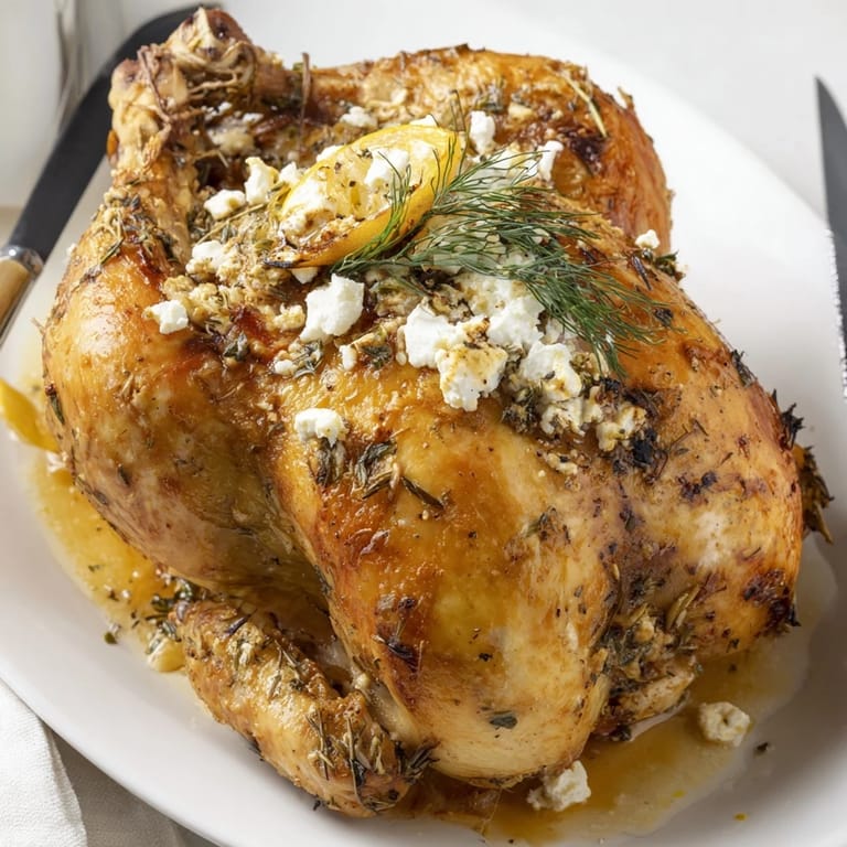 Overhead view of roasted chicken with lemon herbs, golden pot potatoes, feta, and lemon wedges on a white ceramic platter.