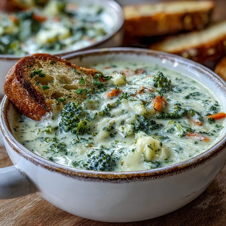 A spoon dips into rich, cheesy soup loaded with tender broccoli florets and carrots.
