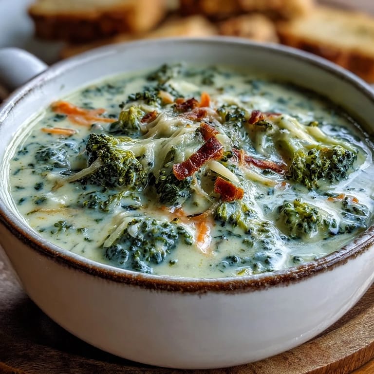 Warm bowl of homemade Broccoli Cheddar Soup served with crusty artisan bread for dipping.