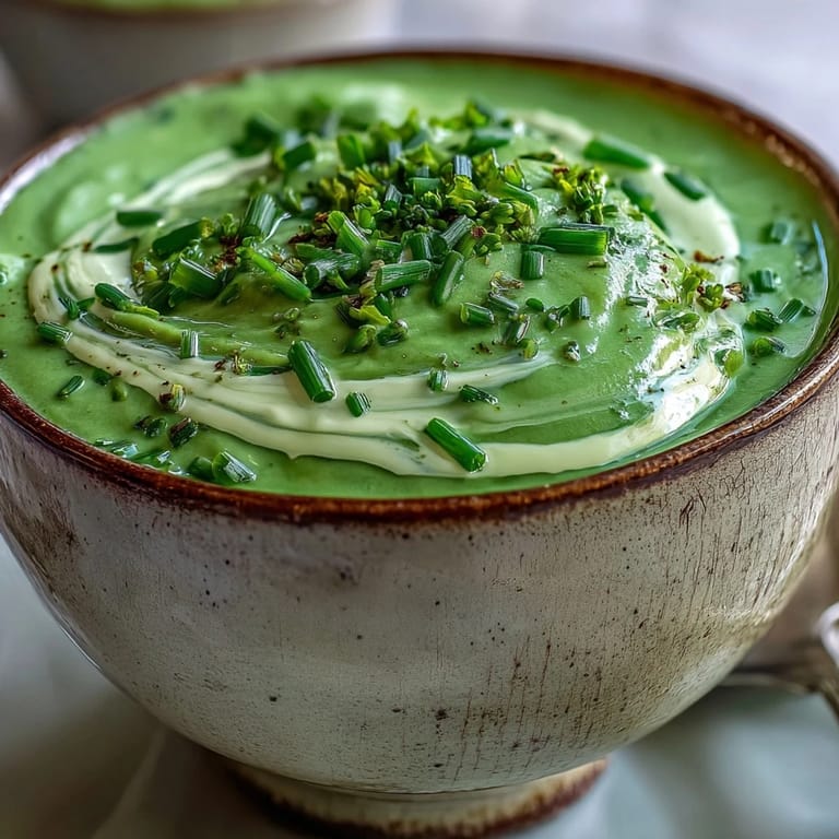 Homemade Cream of Broccoli Soup topped with croutons and chives, ready to enjoy with a cozy spoon.