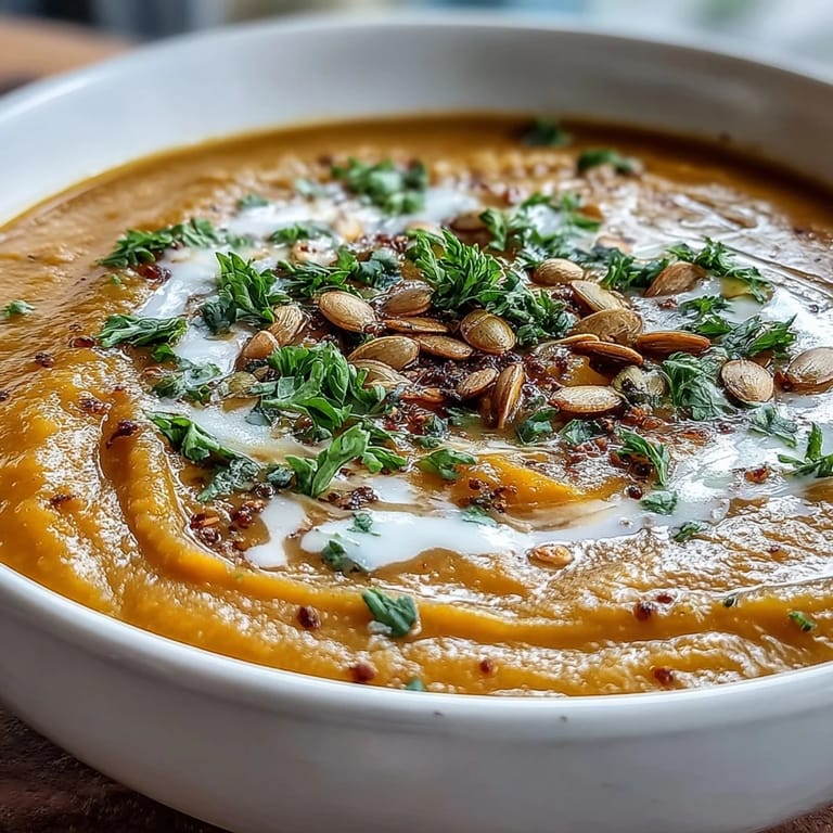 Warm, golden-hued roasted broccoli and butternut squash soup in a white ceramic bowl with a parsley garnish.