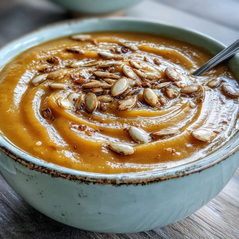 Golden Butternut Squash and Apple Soup with a swirl of cream and cinnamon aroma, steaming from a blue ceramic bowl on a wooden table.