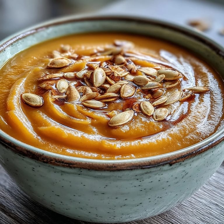 Vibrant Butternut Squash and Apple Soup in a white bowl, topped with toasted pumpkin seeds, ideal for easy vegetarian weeknight meals.