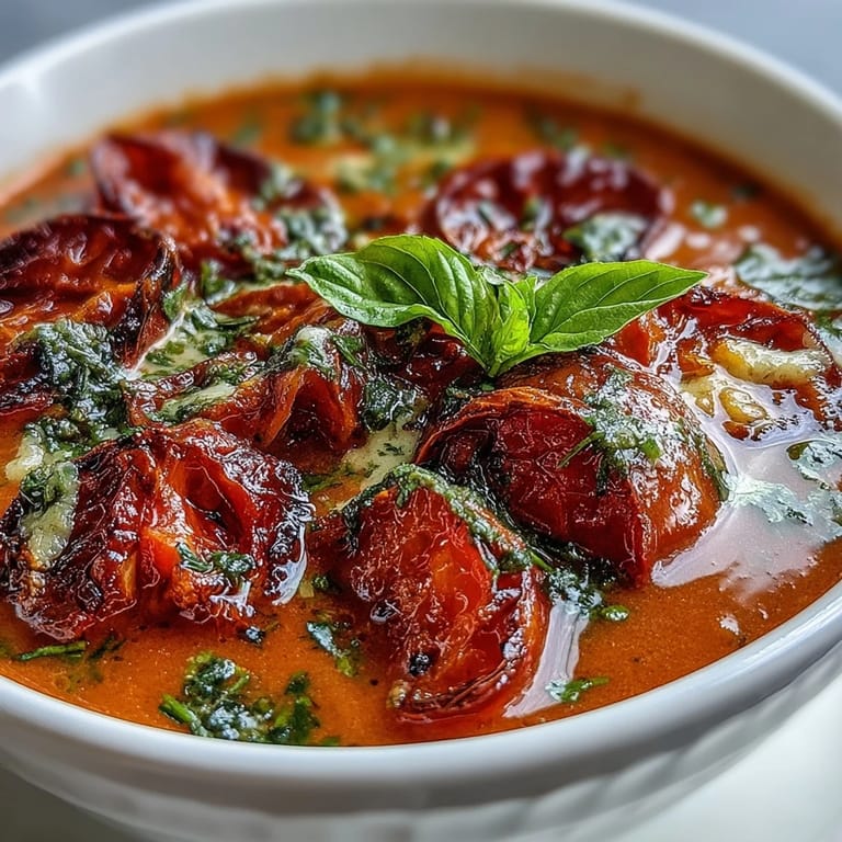Oven-roasted tomatoes and onions blended into a warm, comforting Roasted Tomato Basil Soup.