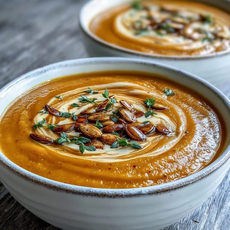 Steaming Easy Roasted Butternut Squash Soup topped with pumpkin seeds and fresh thyme sprigs.