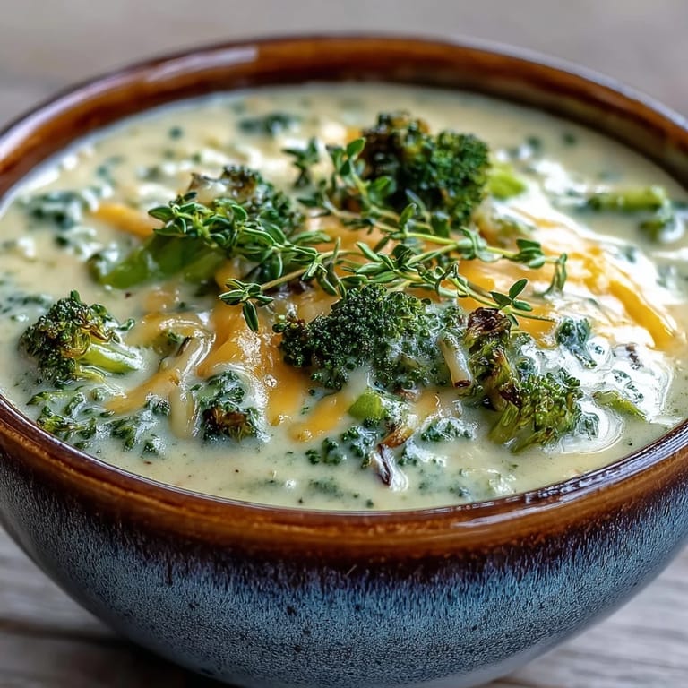 A hearty mug of Roasted Broccoli Cheddar Soup garnished with sharp cheddar and fresh thyme leaves.